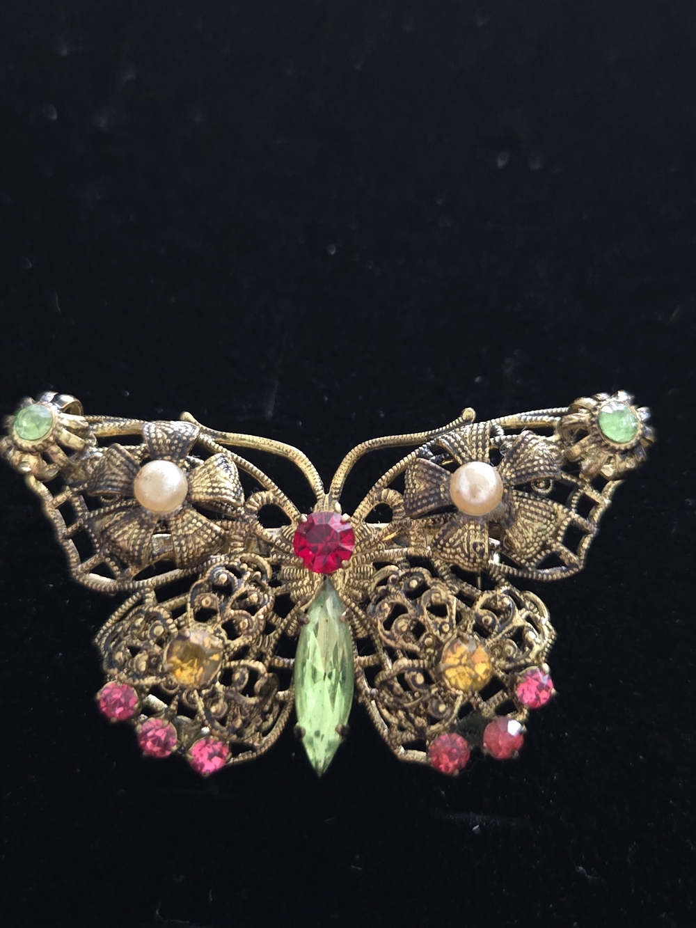Vintage Czechoslovakian Butterfly Brooch with Pink and Green Stones